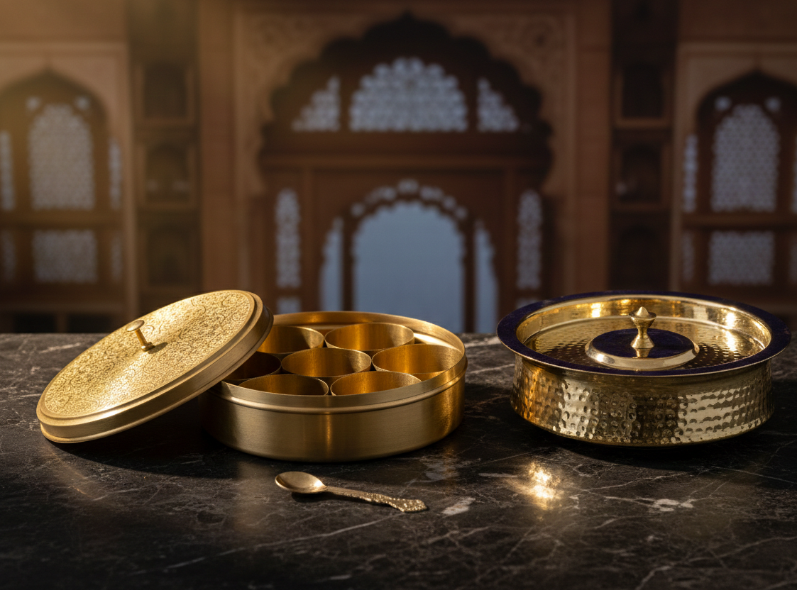 brass lagaan for cooking and serving traditional dishes and brass spice box for organizing kitchen spices