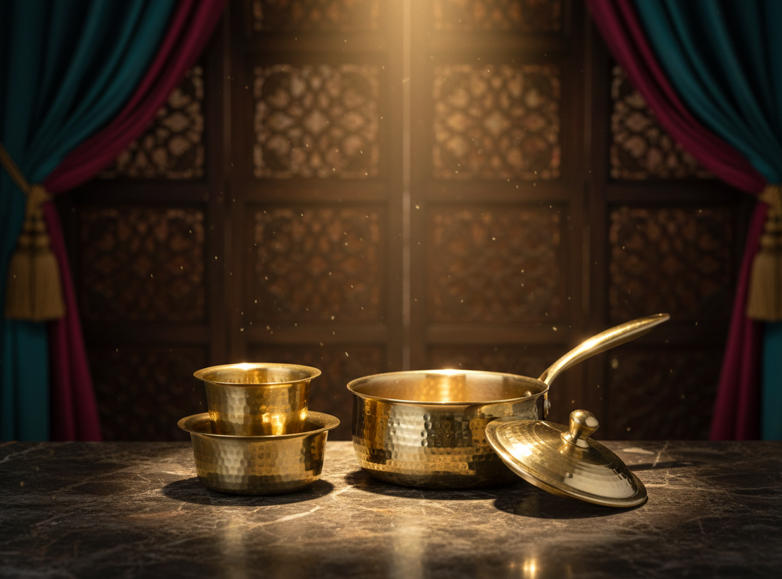 brass frying pan for everyday cooking with even heat distribution and brass dabara set for coffee serving
