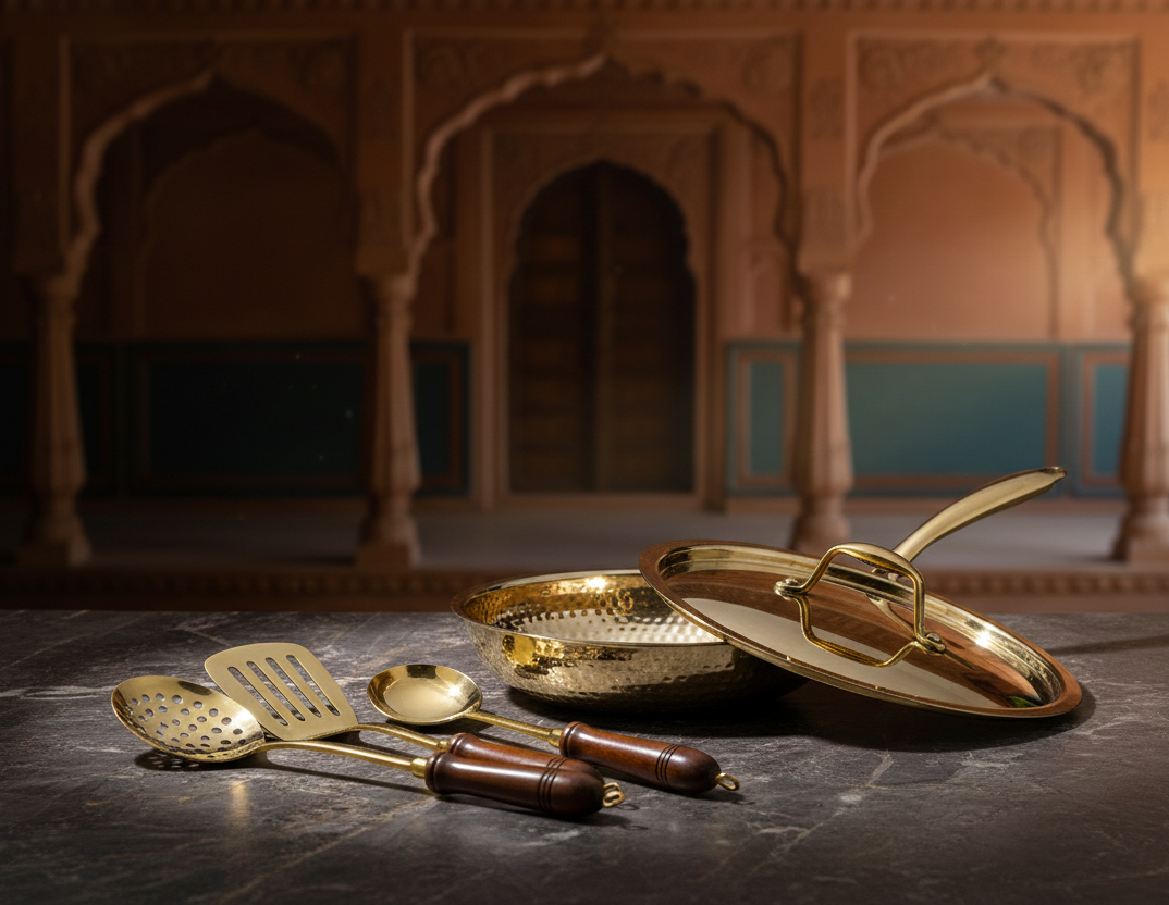  brass frying pan for everyday cooking with even heat distribution and brass ladles set for cooking and serving