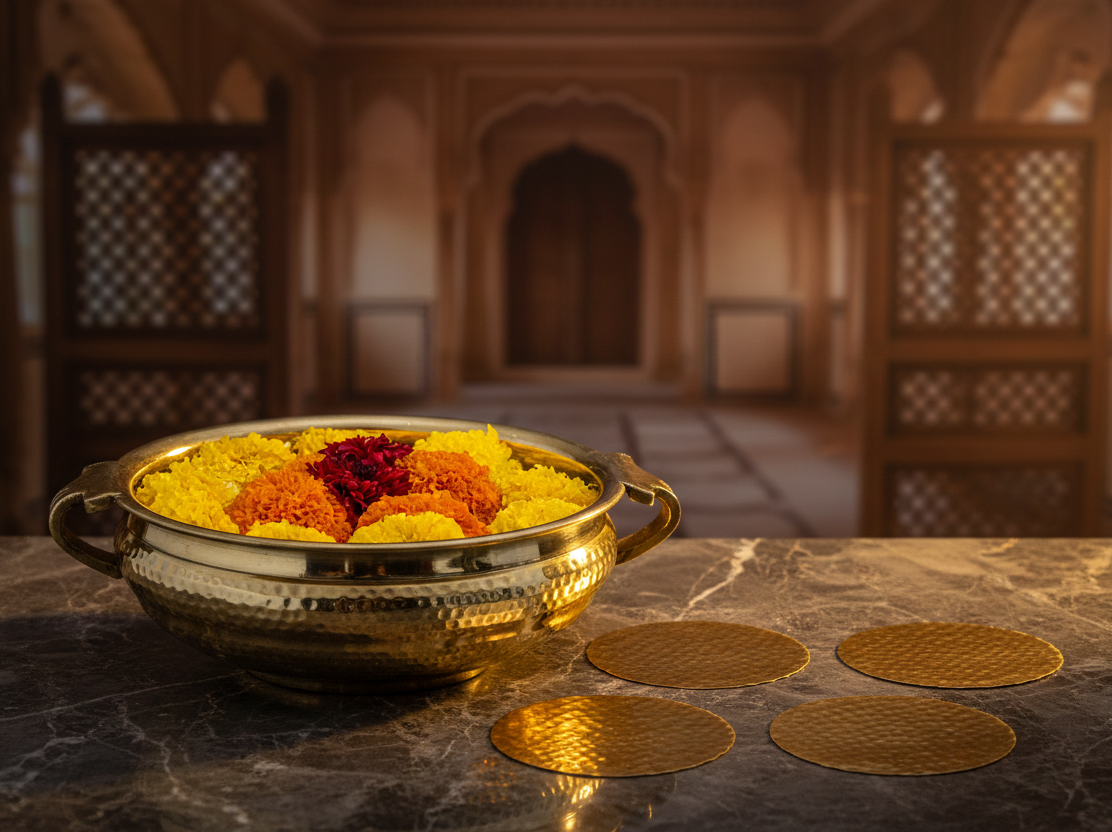 brass coaster set for table protection and premium decor and decorative brass urli for home decor